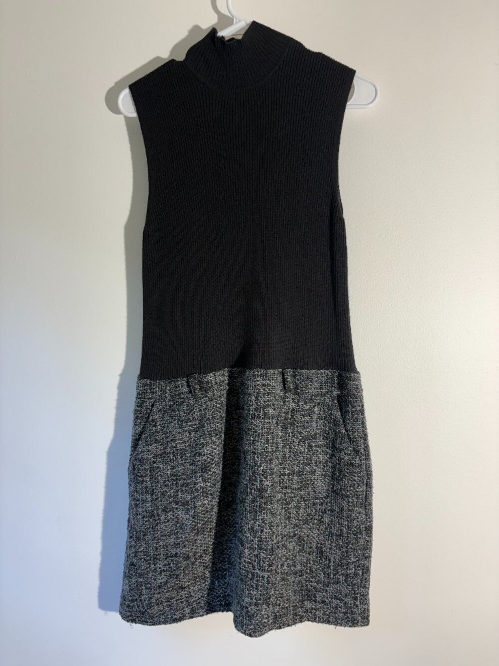 Anne Klein Black Ribbed Mock Neck Tweed Skirt Mixed Media Dress Jumper - Size L